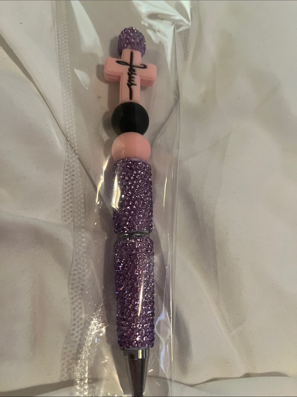 Pink & Purple Beaded Cross Ballpoint Pen - Women Accessories
